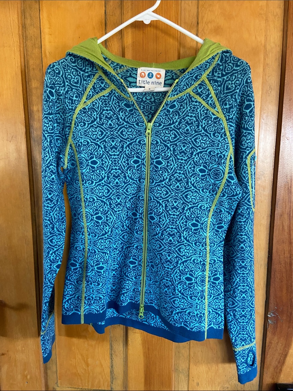 Title Nine Teal Blue Patterned Zip Hoodie with Lime Trim